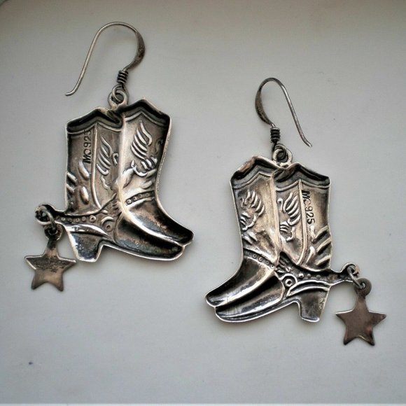 Designer Sterling Silver 925 Western Cowgirl Boot Boots Dangle Drop Earrings - Picture 4 of 4